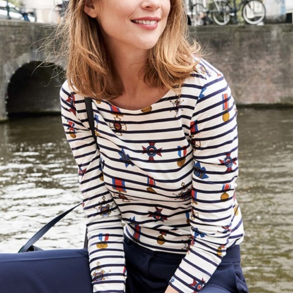 Boden White Navy Striped Long Sleeve Tee with Red & Gold Accents